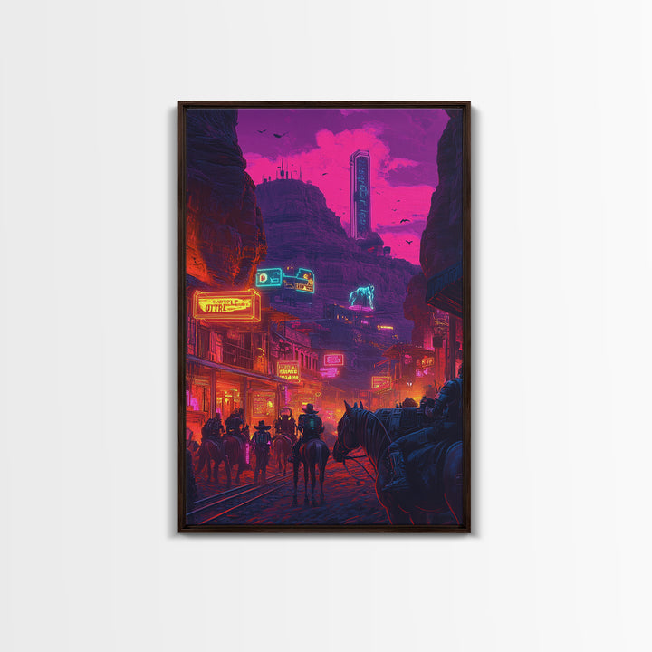 Neon Western Canyon Town With Cowboys Framed Canvas Print, Cyberpunk Wall Art, Futuristic Decor, Gaming Room Poster, Sci Fi Home Decor