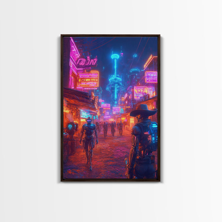 Neon Cyberpunk Cowboy And Robot City Canvas Print, Futuristic Wall Art, Sci Fi Poster, Gaming Room Decor, Vaporwave Gift
