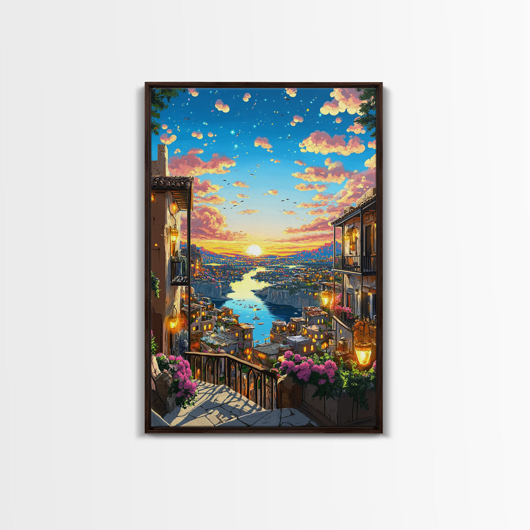 Romantic Sunset River City Balcony With Flowers Wall Art, Mediterranean Travel Poster, Coastal Home Decor, Colorful Art Print
