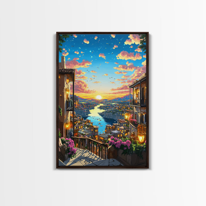 Romantic Sunset River City Balcony With Flowers Wall Art, Mediterranean Travel Poster, Coastal Home Decor, Colorful Art Print