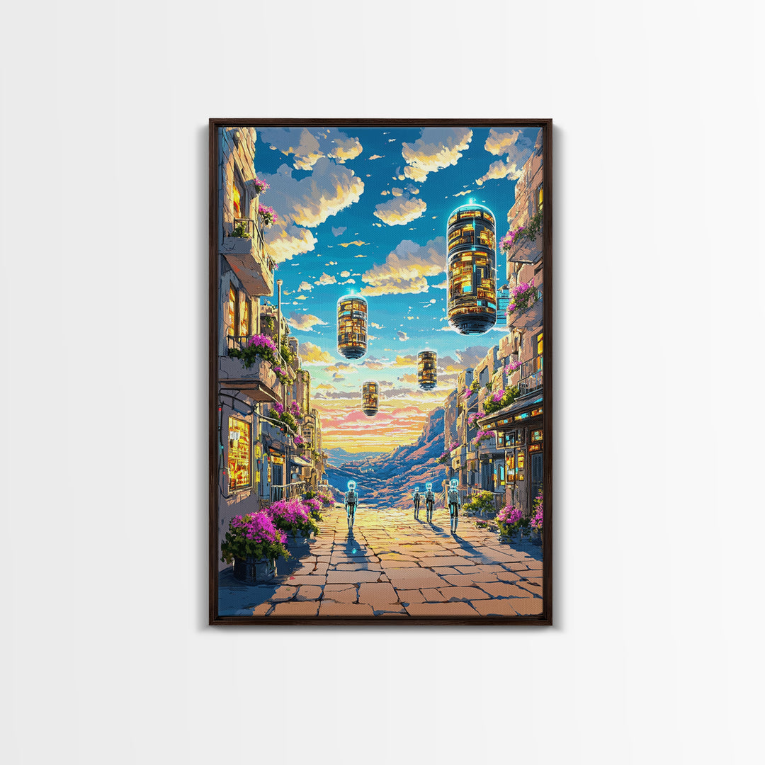 Floating Futuristic City Street With Sky Pods Canvas Print, Sci Fi Wall Art, Cyberpunk Decor, Modern Travel Poster Gift For Him