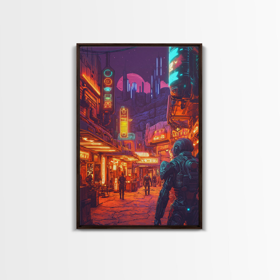 Neon Spaceport Street With Astronaut And Moon Wall Art, Cyberpunk Sci Fi Poster, Gaming Room Decor, Futuristic Canvas Art