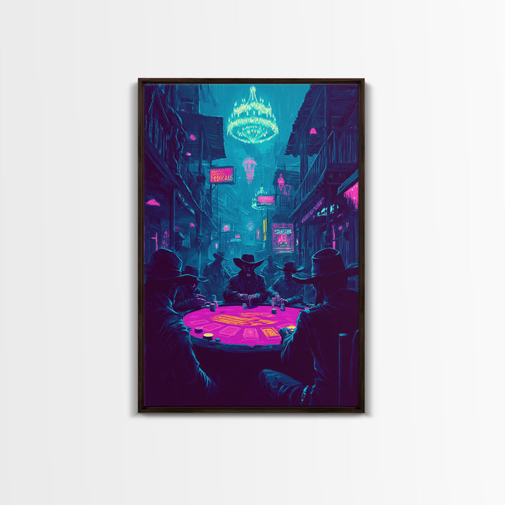 Neon Cyberpunk Poker Game With Cowboys Framed Canvas Print, Western Wall Art, Man Cave Decor, Gaming Room Poster Gift For Him