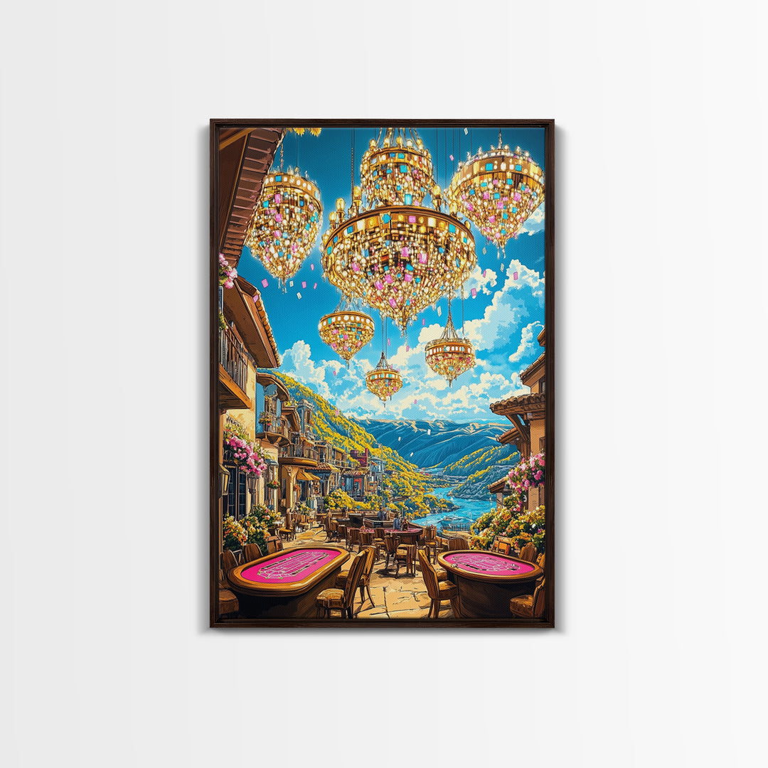 Jeweled Chandeliers Over Alpine Village Canvas Print, Whimsical Mountain Wall Art, Maximalist Luxury Home Decor, Statement Artwork
