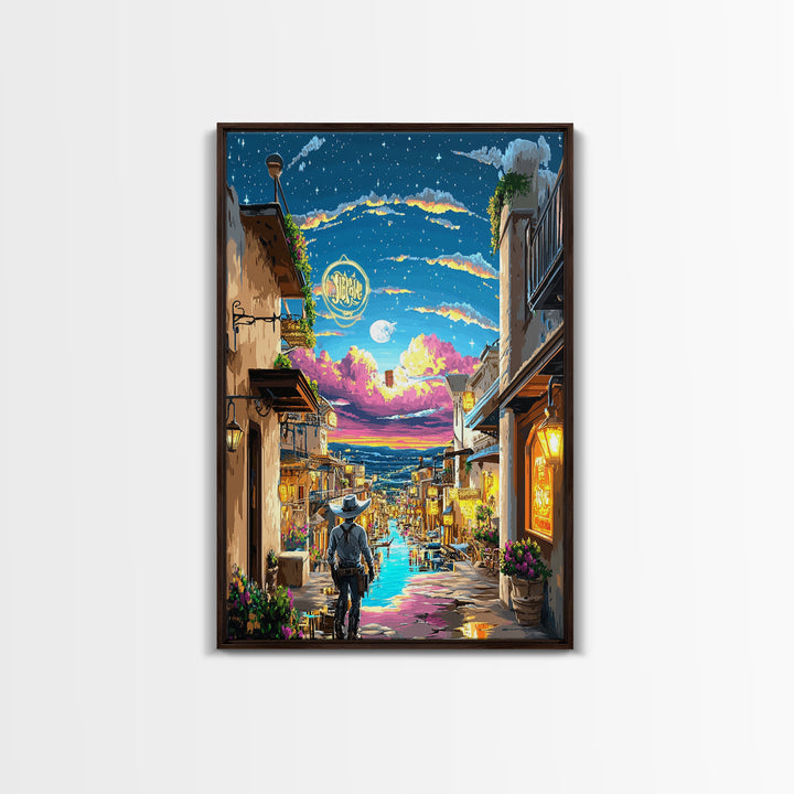 Moonlit Cowboy Canal Street Canvas Print, Western Wall Art, Neon Cityscape, Whimsical Travel Poster, Gift For Him, Living Room Decor