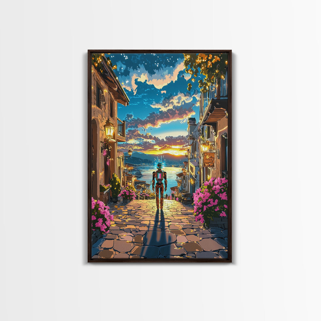 Astronaut In Sunset Coastal Village Framed Canvas Print, Sci Fi Wall Art, Futuristic Seascape, Gaming Room Decor, Unique Gift