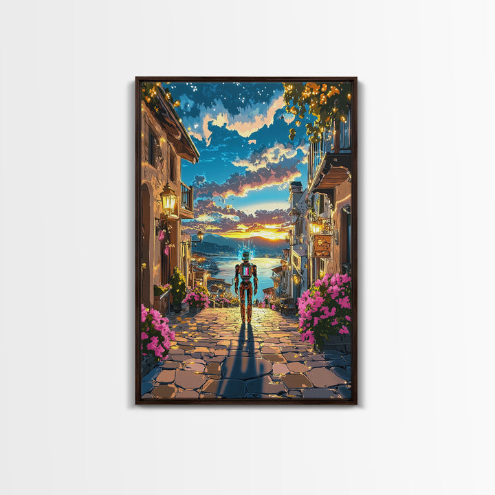 Astronaut In Sunset Coastal Village Framed Canvas Print, Sci Fi Wall Art, Futuristic Seascape, Gaming Room Decor, Unique Gift