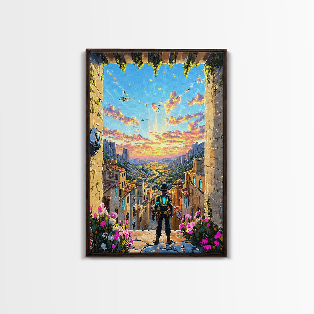 Robot Cowboy Canyon Gateway Canvas Print, Western Sci Fi Wall Art, Desert Landscape, Futuristic Home Office Decor, Gift For Him