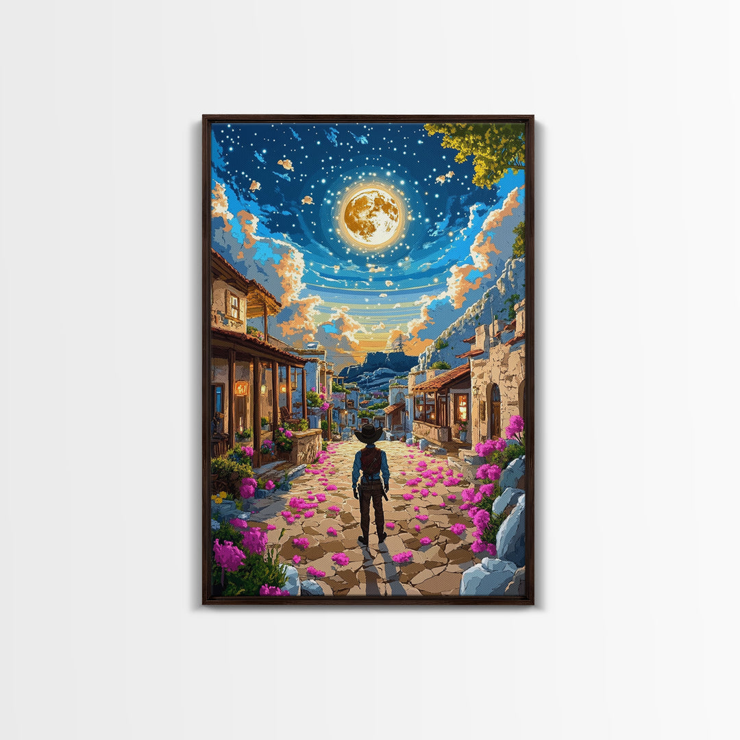 Golden Full Moon Village Path Canvas Print, Celestial Wall Art, Mediterranean Night Sky, Whimsical Bedroom Decor, Moon Art Print