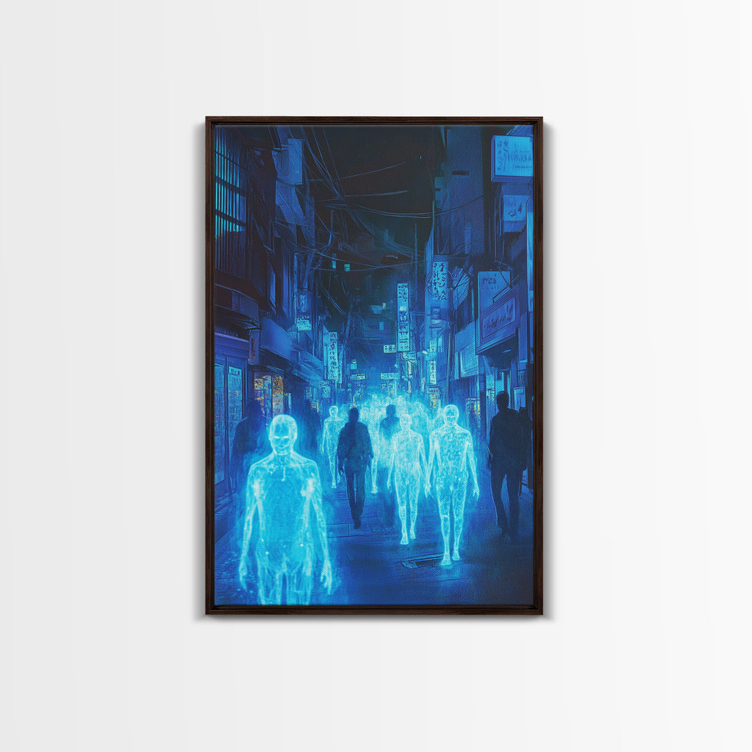 Blue Hologram Figures In Cyberpunk Alley Framed Canvas Print, Neon Wall Art, Sci Fi Cityscape, Gaming Room Decor, Futuristic Decor