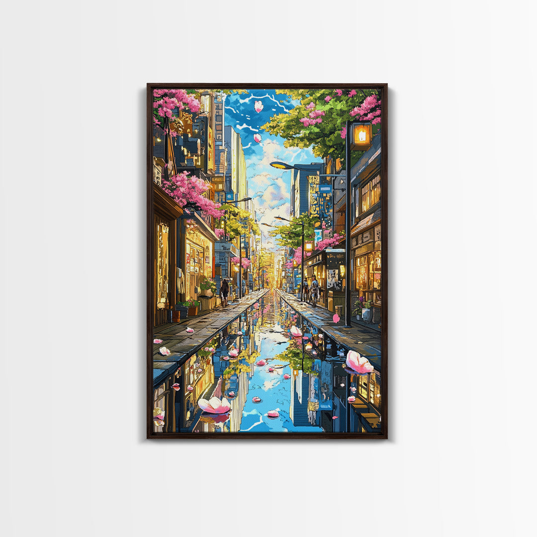 Cherry Blossom Rainy Tokyo Street Canvas Print, Japanese Wall Art, Urban Cityscape, Spring Gallery Wall Decor, Living Room Decor