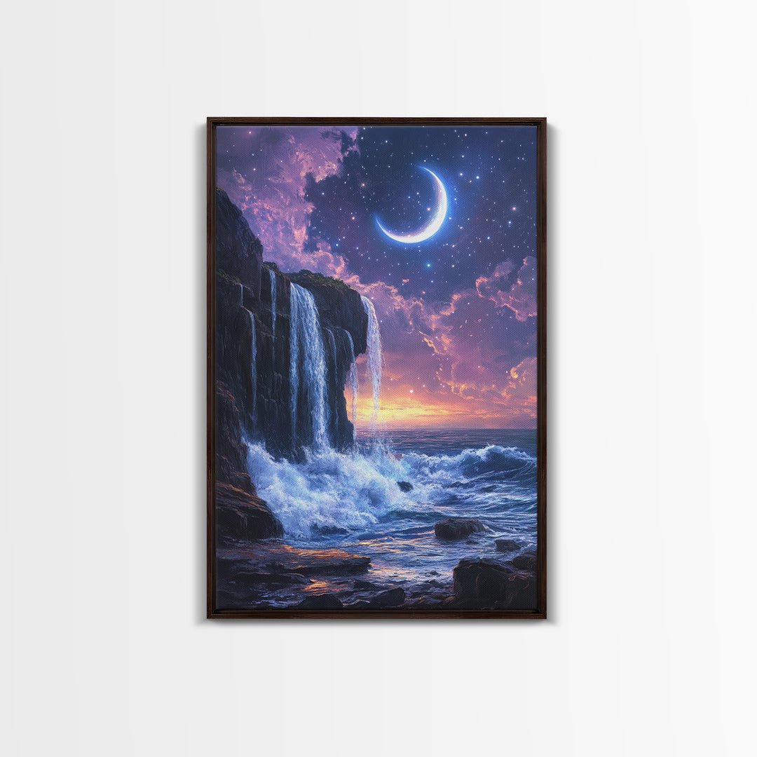 Crescent Moon Waterfall Ocean Canvas Print, Celestial Wall Art, Fantasy Seascape, Coastal Bedroom Decor, Starry Night Sky, Gift For Her