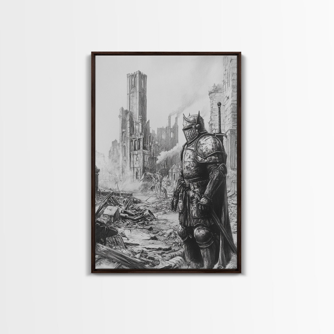 Black And White Armored Knight In Ruined Gothic City Wall Art, Dark Fantasy Medieval Warrior Print For Office Decor