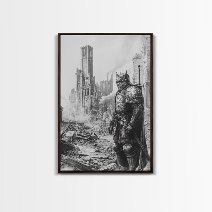 Black And White Armored Knight In Ruined Gothic City Wall Art, Dark Fantasy Medieval Warrior Print For Office Decor