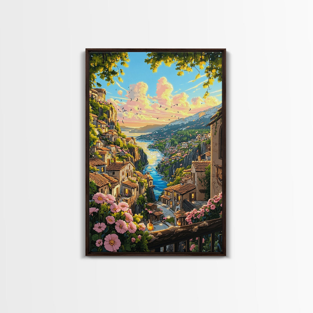 Sunlit Italian Cliff Village With River And Flowers Framed Canvas Print, Mediterranean Landscape Wall Decor Gift For Her