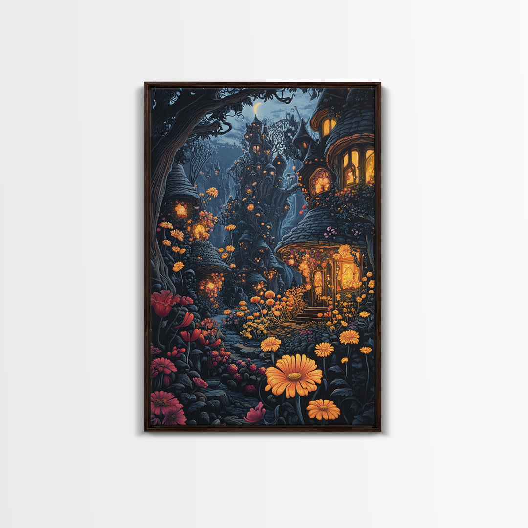 Dark Enchanted Forest Village With Glowing Flower Windows Wall Art, Gothic Fairy Tale Fantasy Canvas Print For Moody Decor