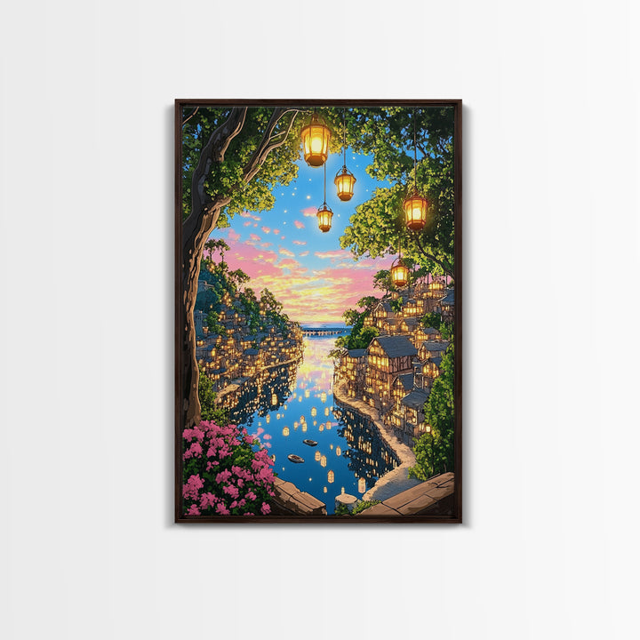 Lantern Lit Sunset Harbor Village Wall Art, Romantic Coastal Landscape Canvas Print For Living Room Decor And Housewarming Gift