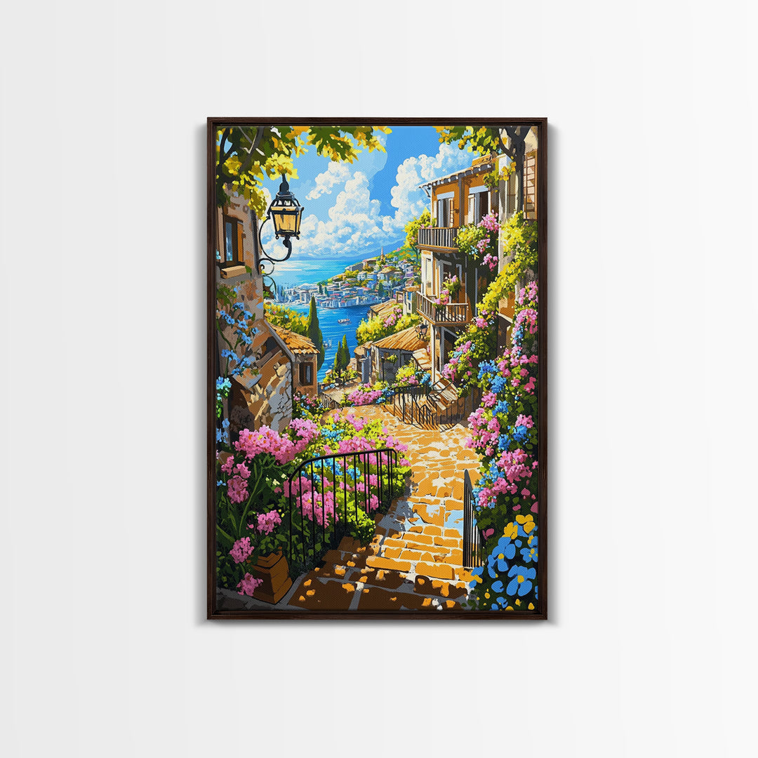 Mediterranean Coastal Stairway With Bougainvillea Canvas Print, Travel Poster Wall Art, Colorful Living Room Decor Housewarming Gift