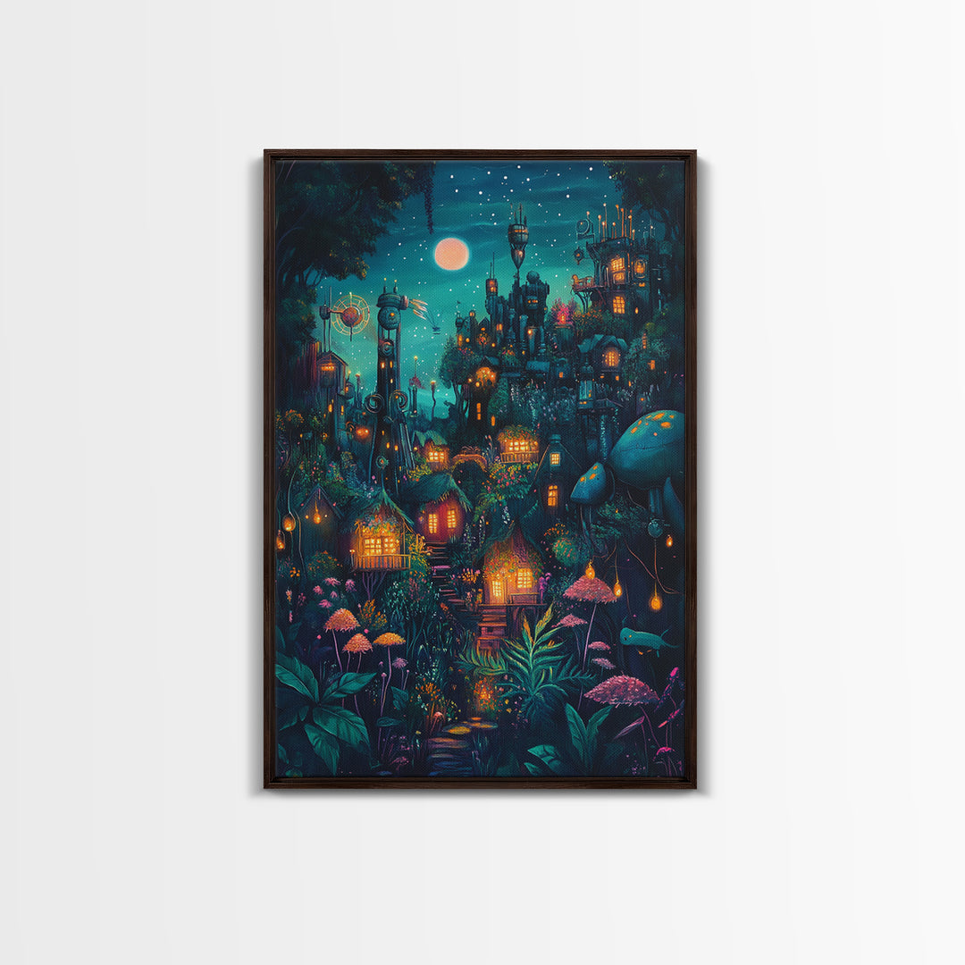 Moonlit Steampunk Mushroom City With Glowing Lanterns Canvas Print, Dark Fantasy Wall Art, Maximalist Decor Gift For Him