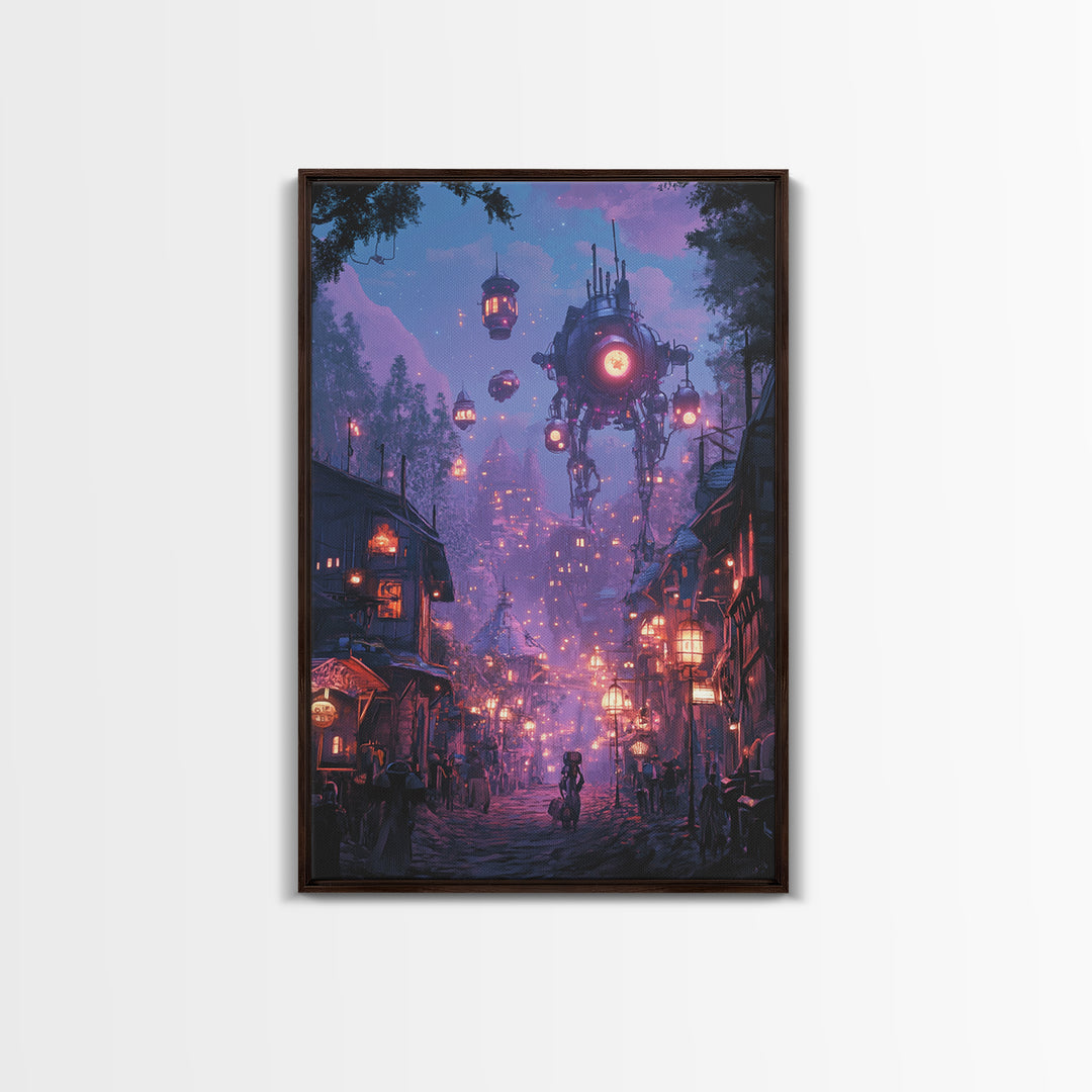 Purple Cyberpunk Village With Floating Machines Canvas Print, Sci Fi Wall Art, Futuristic Gaming Room Decor Gift For Him