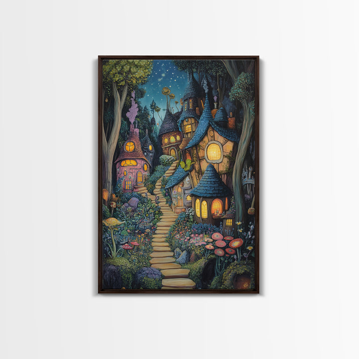 Whimsical Mushroom Fairy Village At Starlit Night Canvas Print, Fairy Tale Wall Art, Nursery Decor Housewarming Gift For Her