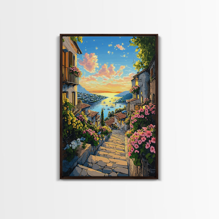 Sunlit Mediterranean Village Stairway Canvas Print, Coastal Wall Art, Italy Decor, Summer Travel Poster, Living Room Decor