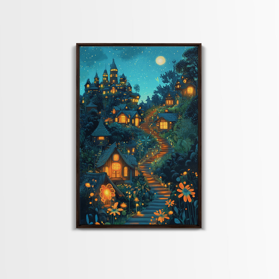 Moonlit Enchanted Village Wall Art, Whimsical Fairy Tale Castle, Fantasy Art Print, Nursery Decor, Cozy Bedroom Wall Decor
