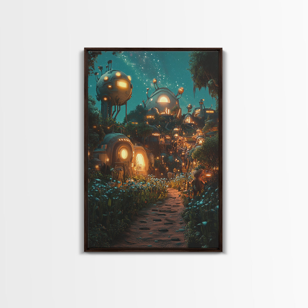 Glowing Futuristic Forest Village Canvas Print, Sci Fi Wall Art, Cyberpunk Decor, Unique Fantasy Landscape, Gaming Room Decor