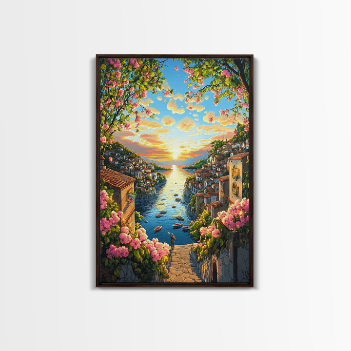 Golden Coastal Canal Village Framed Canvas Print, Mediterranean Wall Art, Italy Travel Poster, Summer Decor, Housewarming Gift