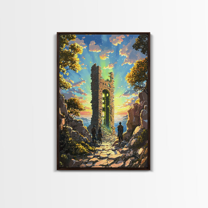 Sunset Ruined Stone Tower Canvas Print, Fantasy Landscape Wall Art, Coastal Castle Poster, Adventure Decor, Living Room Art