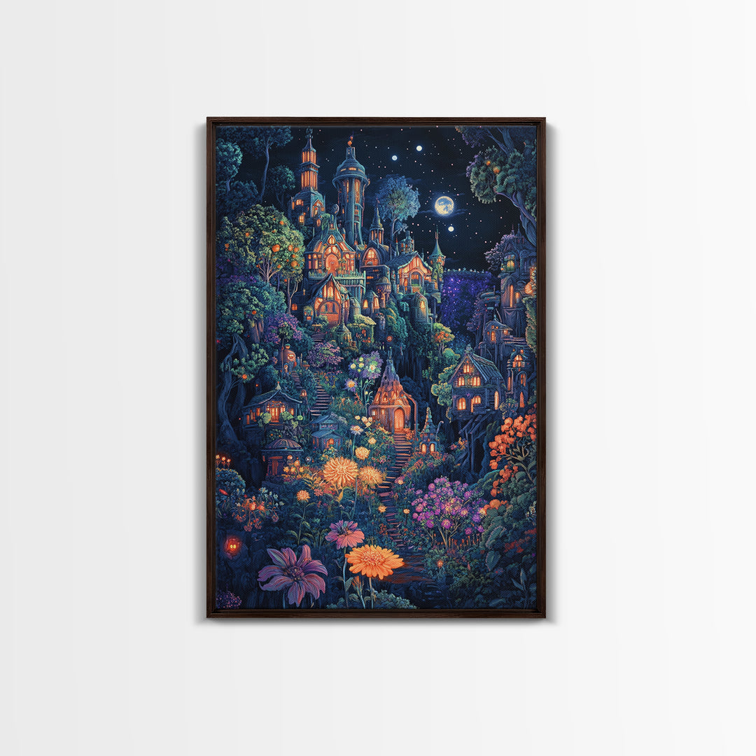 Moonlit Magical Garden Village Wall Art, Whimsical Fantasy Castle Canvas Print, Dark Botanical Decor, Maximalist Room Art