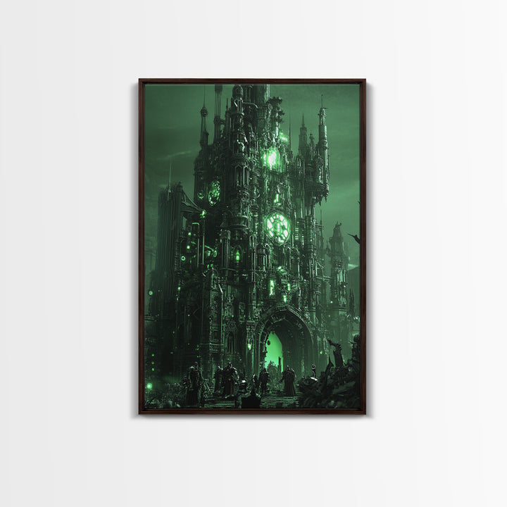Emerald Gothic Citadel Framed Canvas Print, Dark Fantasy Wall Art, Green Castle Decor, Moody Office Art, Gothic Home Decor