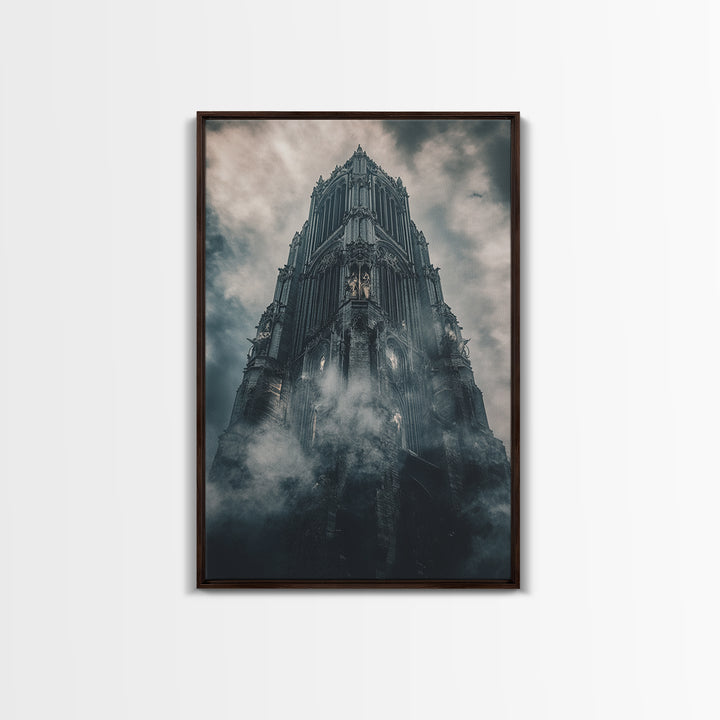 Foggy Gothic Cathedral Tower Wall Art, Dark Academia Fantasy Castle Print, Moody Architecture Decor, Gothic Wall Decor Print