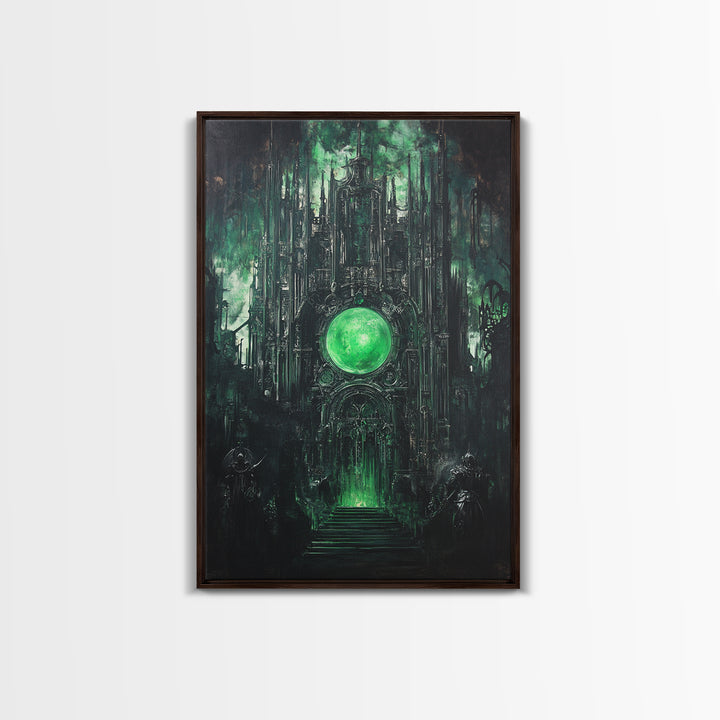 Emerald Orb Gothic Sanctuary Canvas Print, Dark Fantasy Wall Art, Occult Castle Decor, Moody Green Architecture Poster Print