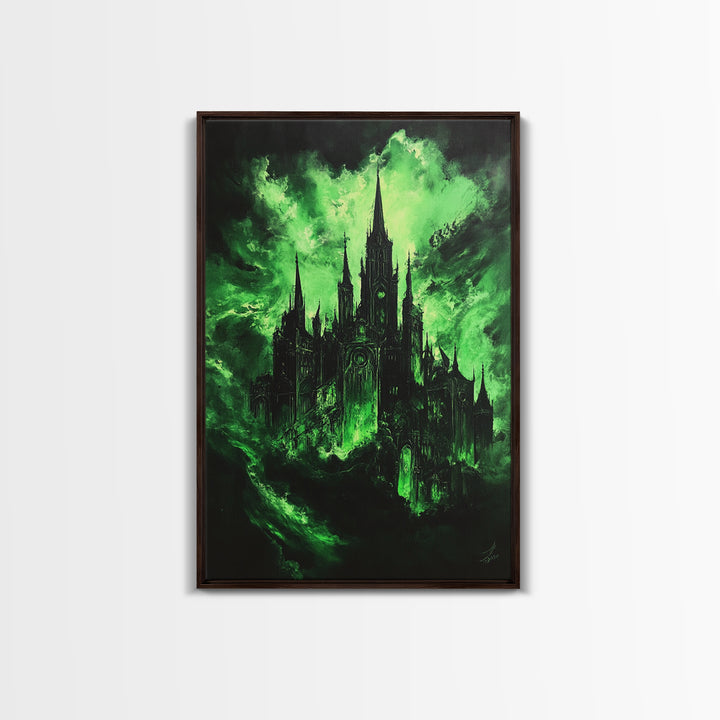 Green Haunted Gothic Cathedral Wall Art, Dark Fantasy Castle Canvas Print, Witchy Decor, Moody Black And Green Poster Print