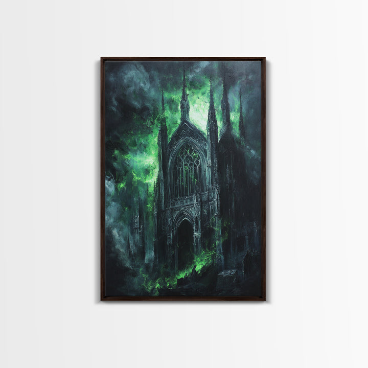 Misty Gothic Church In Green Fog Framed Canvas Print, Dark Academia Wall Art, Haunted Chapel Decor, Fantasy Architecture