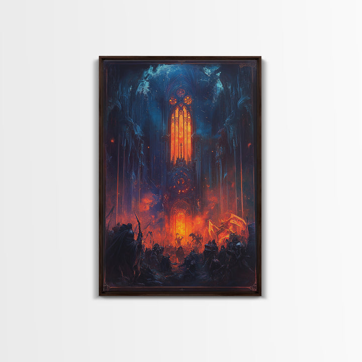 Fiery Gothic Cathedral Battle Canvas Print, Dark Fantasy Wall Art, Medieval Warrior Decor, Dramatic Red And Blue Poster Print