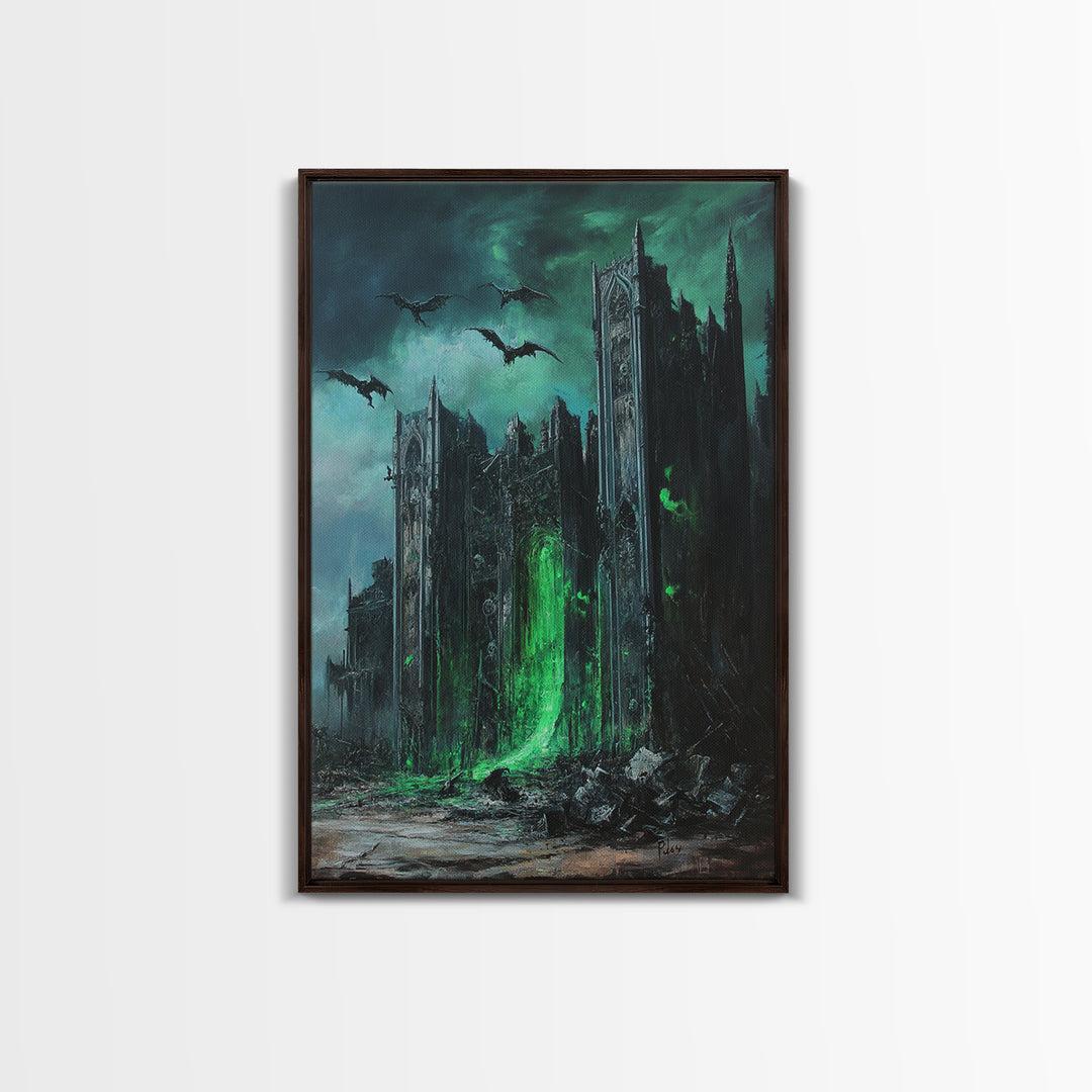 Green Portal Gothic Cathedral Wall Art, Dark Fantasy Ruins Print, Dragon Raven Decor, Moody Gothic Home Decor Gift For Him