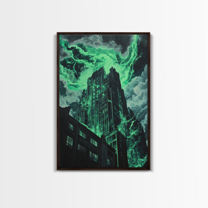 Emerald Storm Skyscraper Wall Art, Dark Urban Fantasy Print, Gothic City Lightning Decor, Moody Office Wall Decor, Home Decor Gift