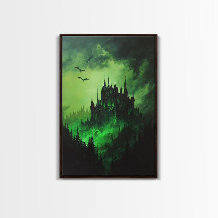 Haunted Green Forest Castle Wall Art, Dark Fantasy Gothic Print, Moody Spooky Decor, Witchy Home Decor, Gothic Wall Decor Gift