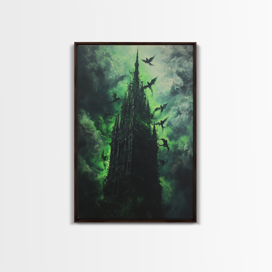 Shadowed Gothic Tower Wall Art, Green Storm Dragon Print, Dark Fantasy Castle Decor, Moody Gothic Home Decor Gift For Him