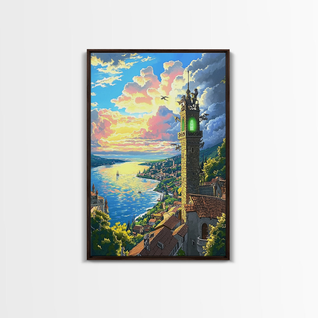 Glowing Coastal Tower At Sunset Canvas Print, Fantasy Seascape Wall Art, Mediterranean Landscape, Living Room Decor, Housewarming Gift