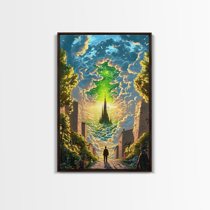 Emerald Sky Castle Above City Street Canvas Print, Surreal Fantasy Wall Art, Mystical Cloudscape, Home Office Decor, Unique Gift