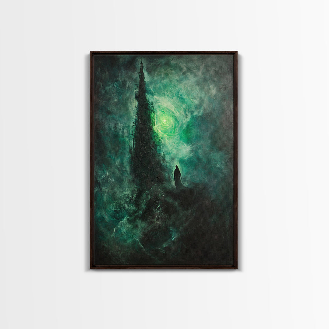 Dark Emerald Spire And Lone Wanderer Wall Art, Gothic Fantasy Canvas Print, Moody Surreal Landscape, Dark Academia Decor