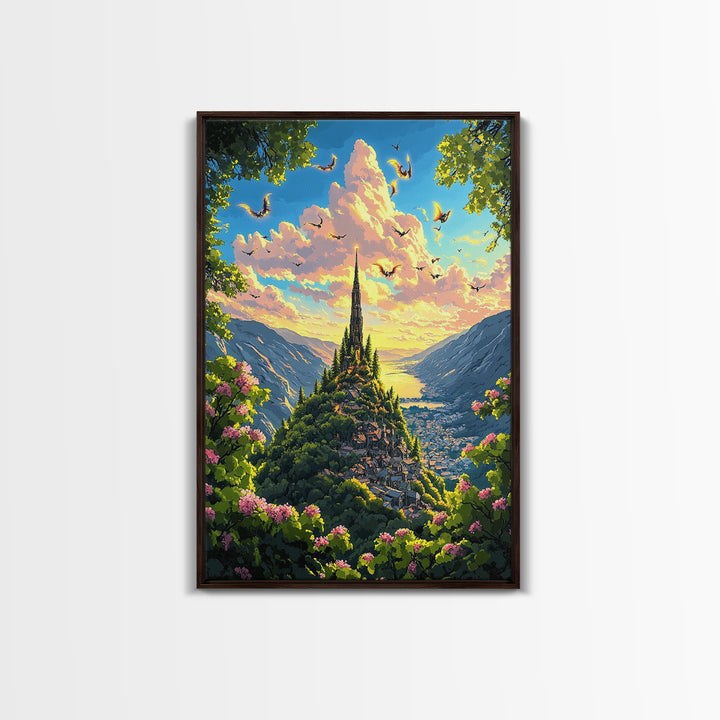 Sunlit Mountain Village With Flying Dragons Canvas Print, Fantasy Landscape Wall Art, Whimsical Home Decor, Gift For Her