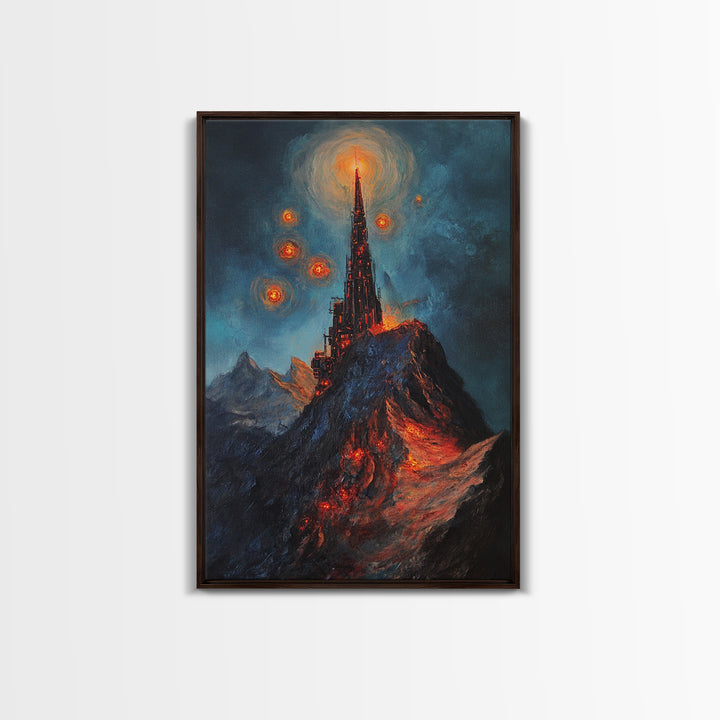 Fiery Dark Mountain Citadel With Red Orbs Canvas Print, Gothic Fantasy Wall Art, Lava Landscape, Moody Office Decor, Gift For Him