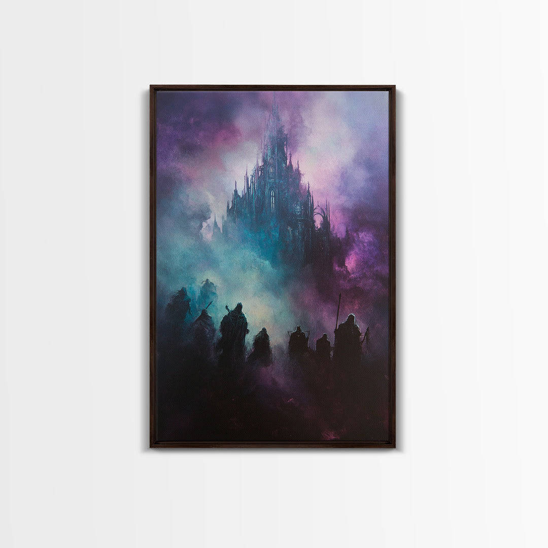 Purple Mist Fortress And Shadow Riders Framed Canvas Print, Dark Fantasy Wall Art, Gothic Castle Decor, Statement Artwork