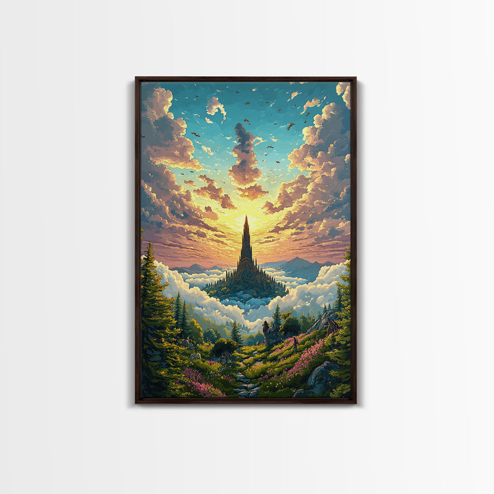 Golden Cloud Kingdom Spire At Sunrise Canvas Print, Fantasy Landscape Wall Art, Colorful Nature Art, Living Room Decor, Housewarming Gift
