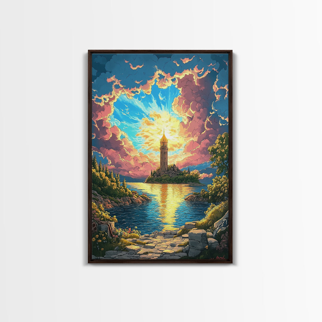 Radiant Island Lighthouse Under Pink Clouds Canvas Print, Fantasy Lake Landscape Wall Art, Coastal Home Decor, Gift For Her