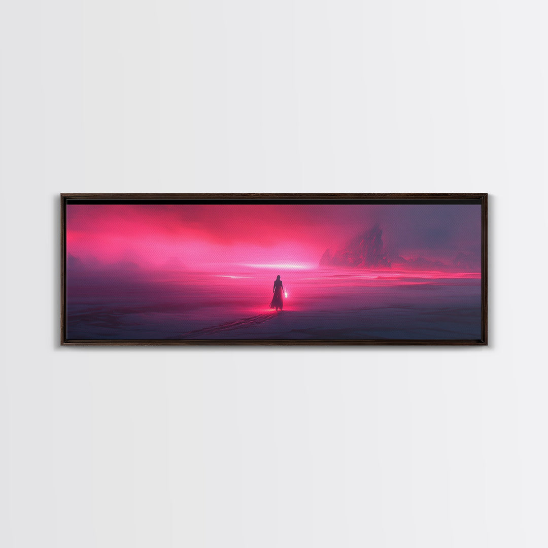 Lone Traveler In Magenta Alien Fog Wall Art, Sci Fi Landscape Canvas, Futuristic Decor, Neon Pink Living Room Art Print Gift